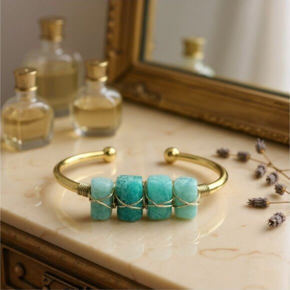 Amazonite Wire Wrap Cuff – 14Kt Gold Over Copper – Tranquility Talisman Handmade - Picture 3 of 10